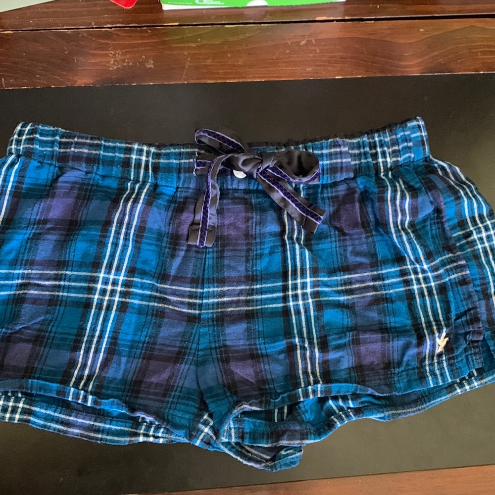 Aerie Blue Plaid Pajama Shorts Small Satin Bow American Eagle PJ